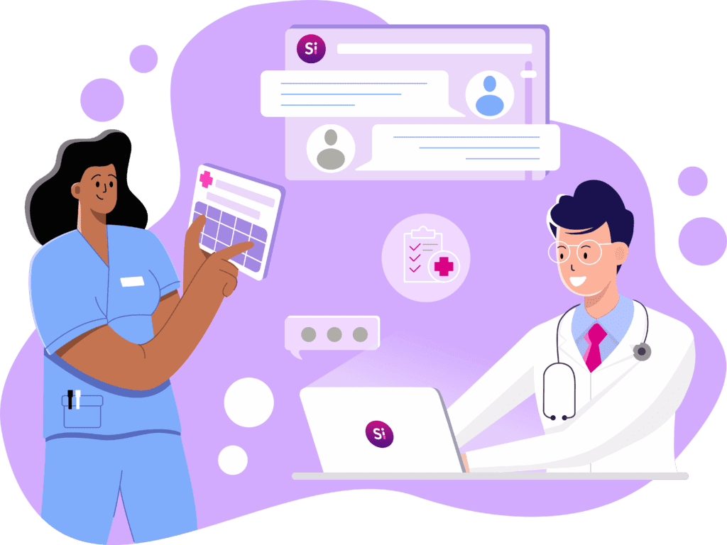 Illustration of a nurse and doctor communicating via technology on the Silicon Practice home page