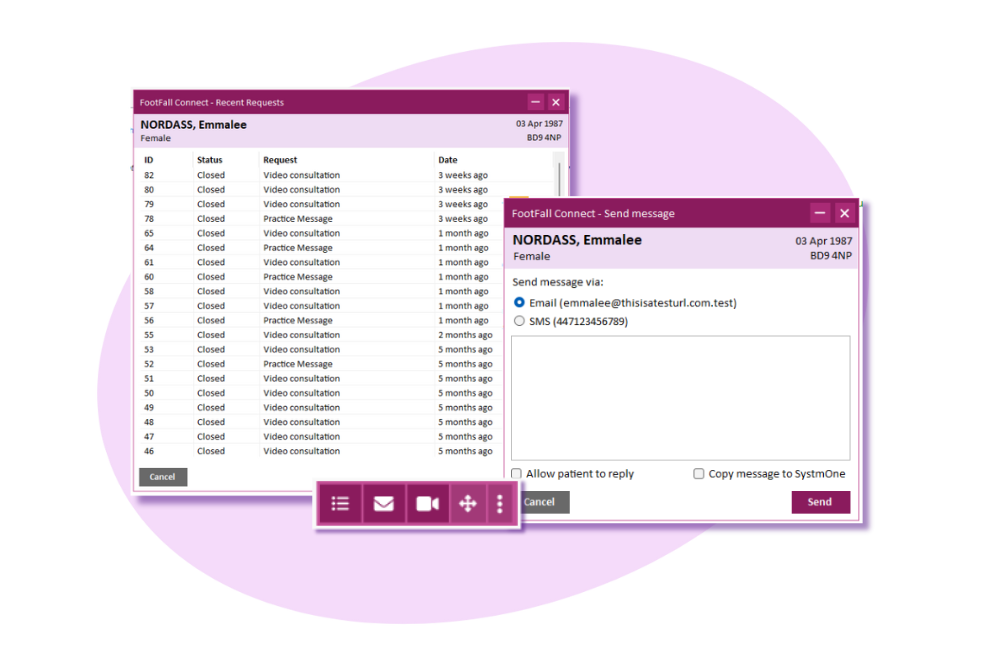 Screenshots of the FootFall NHS England connect system