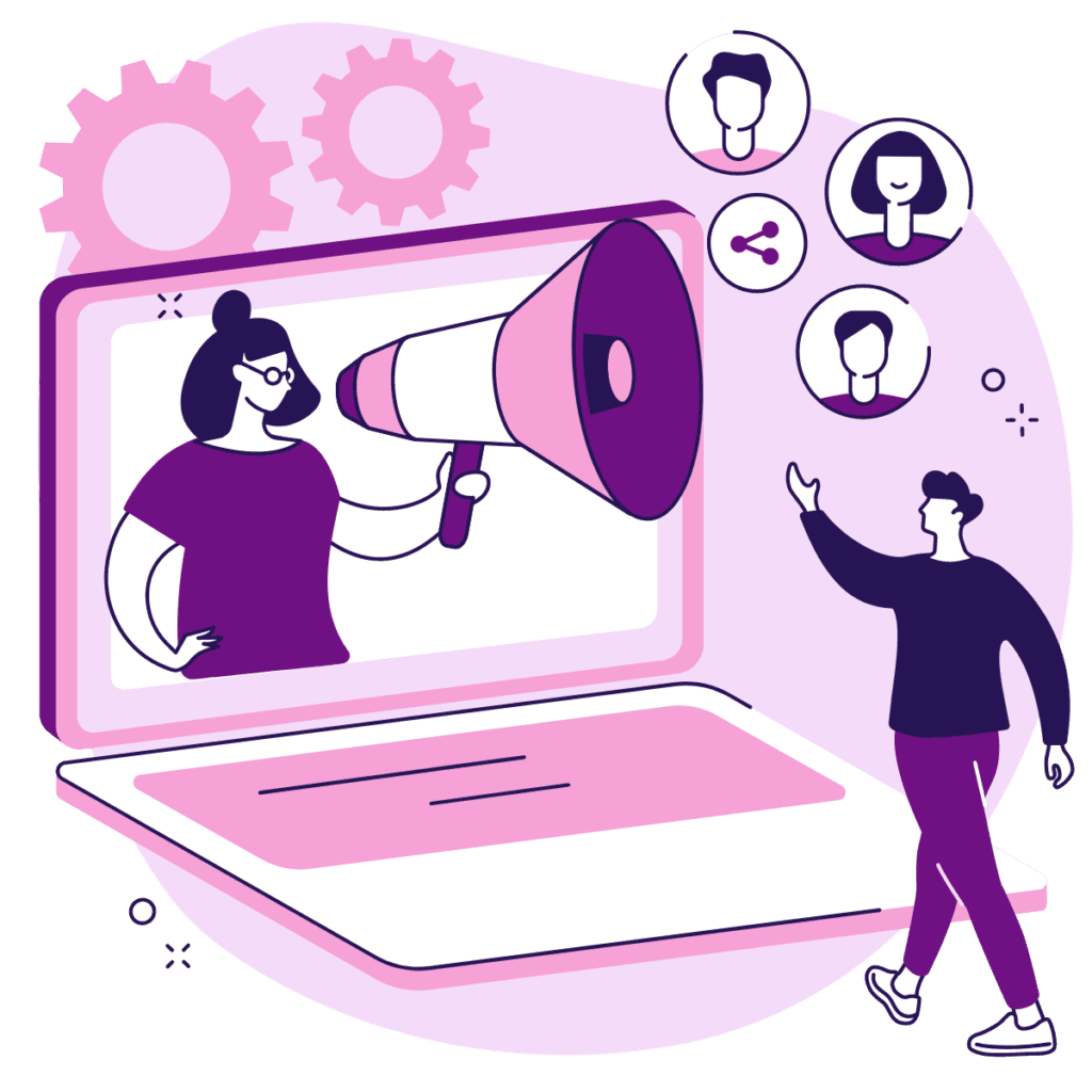 lady in a laptop speaking to man with a microphone